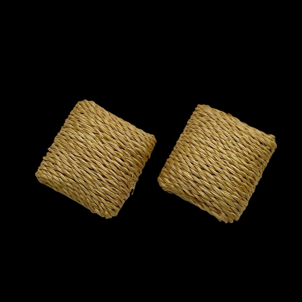 Rustic Jute Square Clip Earrings Statement Boho Vibe Neutral - Picture 6 of 16